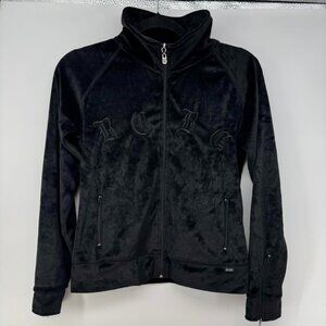 BCBG Y2K Max Azria Women’s Velour Zip Jacket S Black Gothic Embroidered Logo